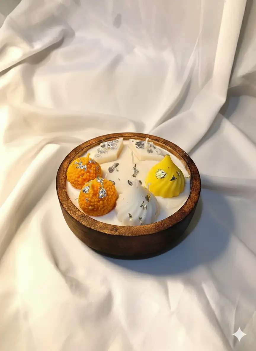 Wooden Mithai Bowl Candle – Decorative Diwali & Gift Candle Wooden Mithai Bowl Candle
